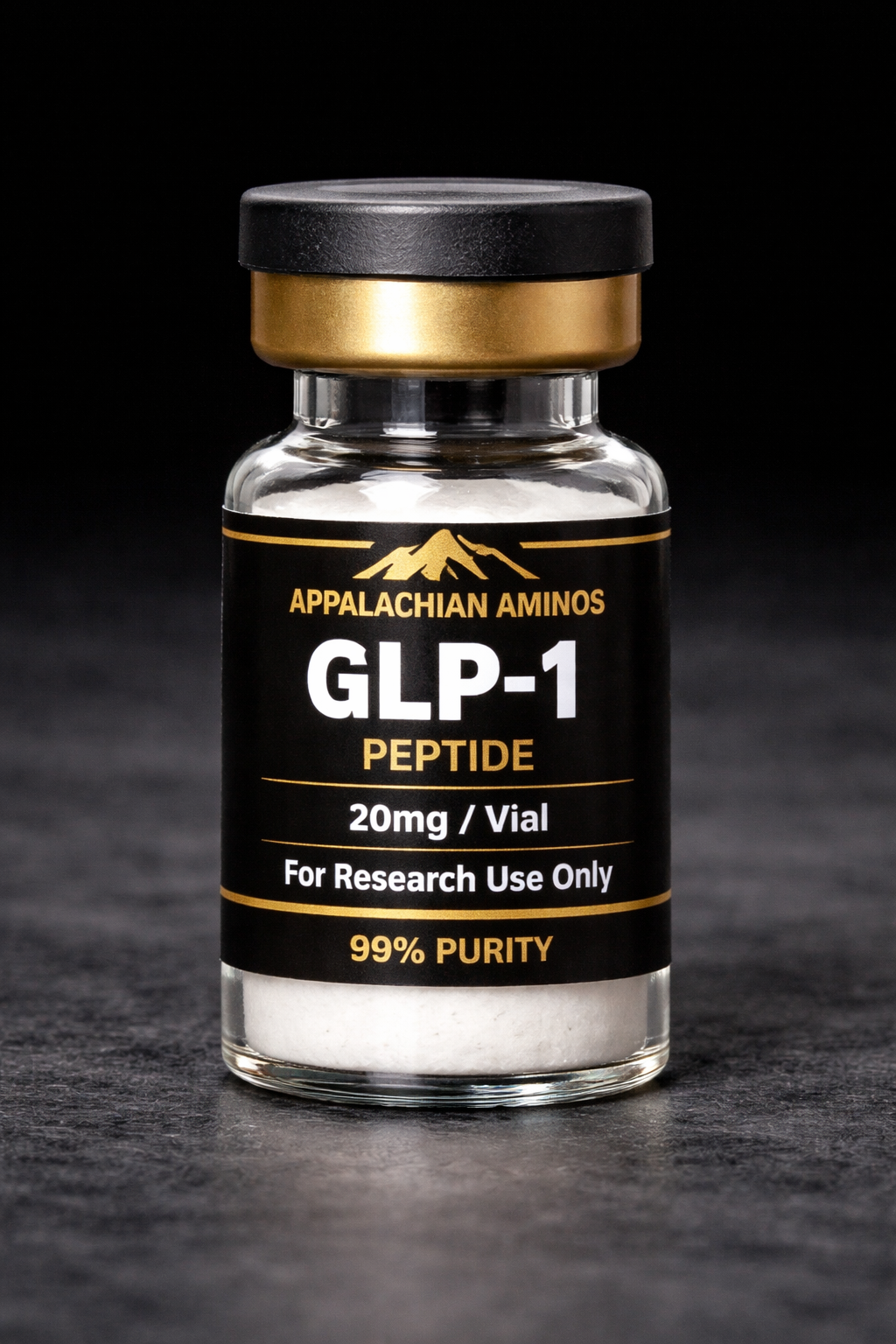 Vial labeled 'GLP-1 Peptide' by Appalachian Aminos on a dark background