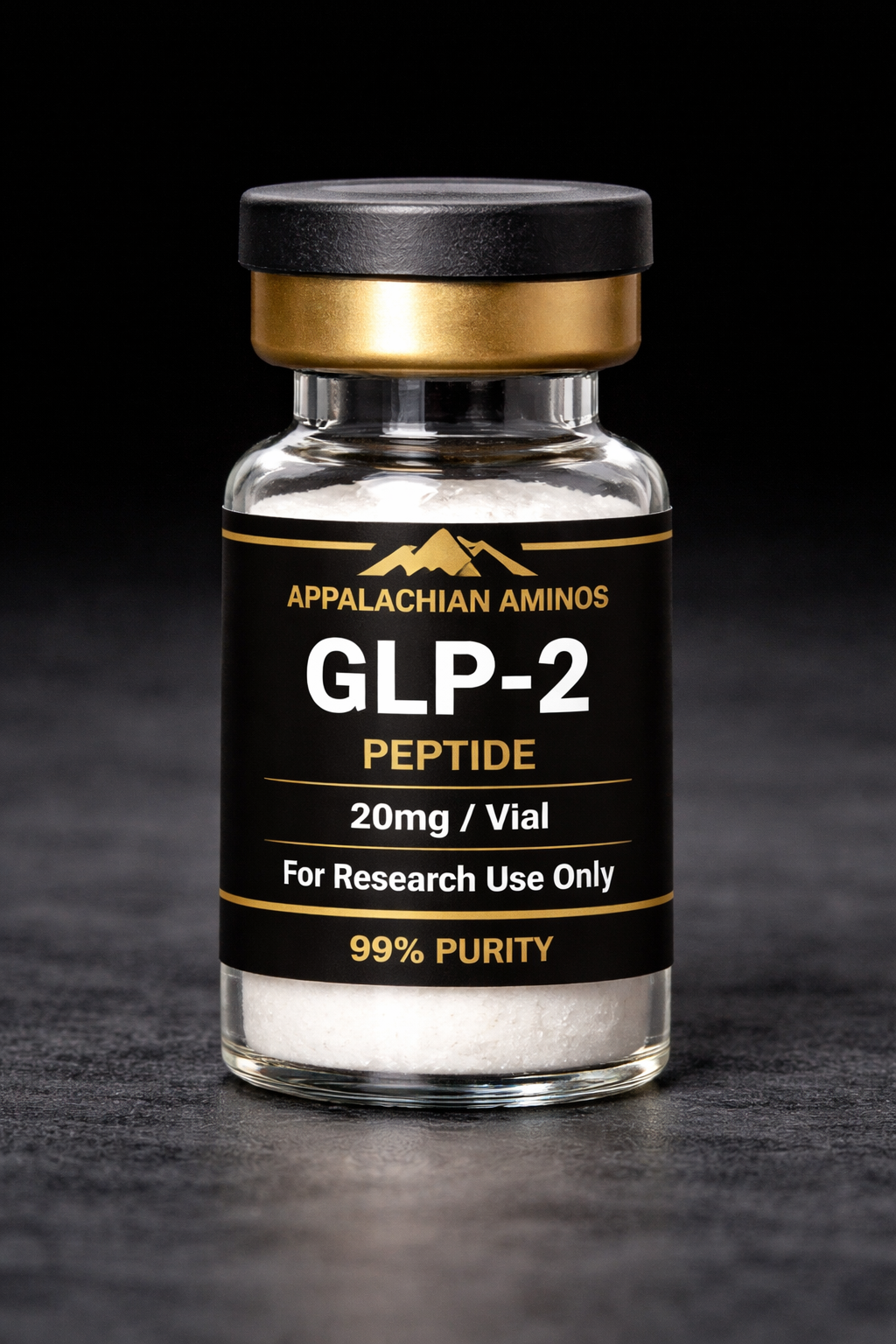 GLP-2 peptide vial with Appalachian Aminos branding on a dark background