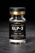 Vial labeled 'GLP-3 Peptide' by Appalachian Aminos on a dark background