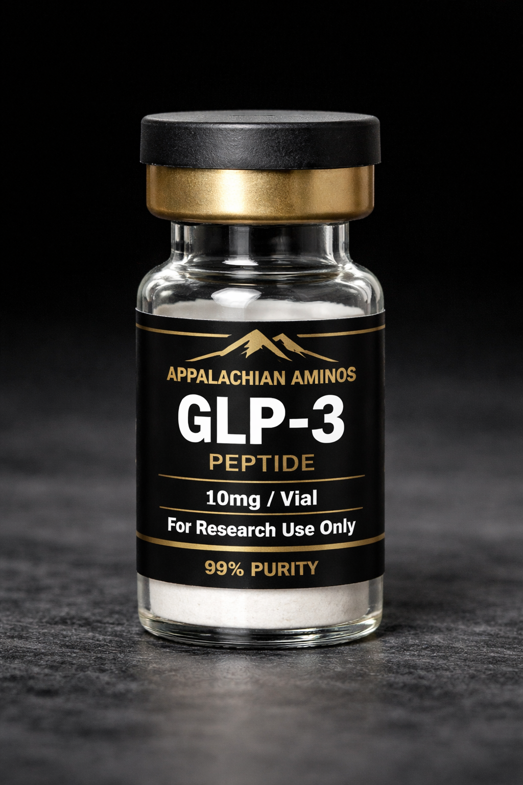Vial labeled 'GLP-3 Peptide' by Appalachian Aminos on a dark background